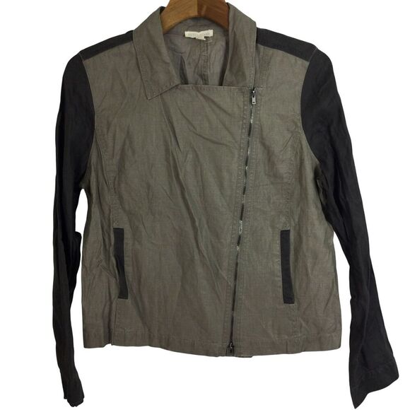 Eileen Fisher Womens Organic Linen Asymmetrical Moto Jacket Taupe Black Large - Picture 1 of 12